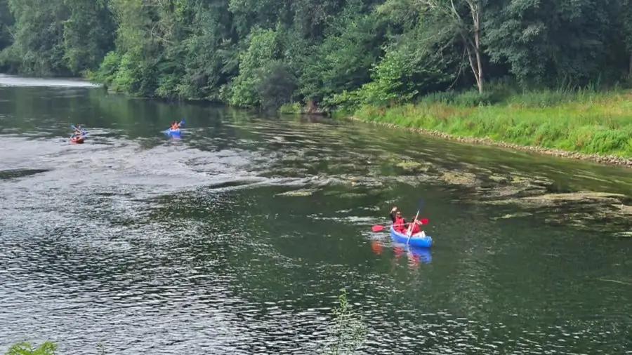 Young people enjoying their first English camp canoeing on the river