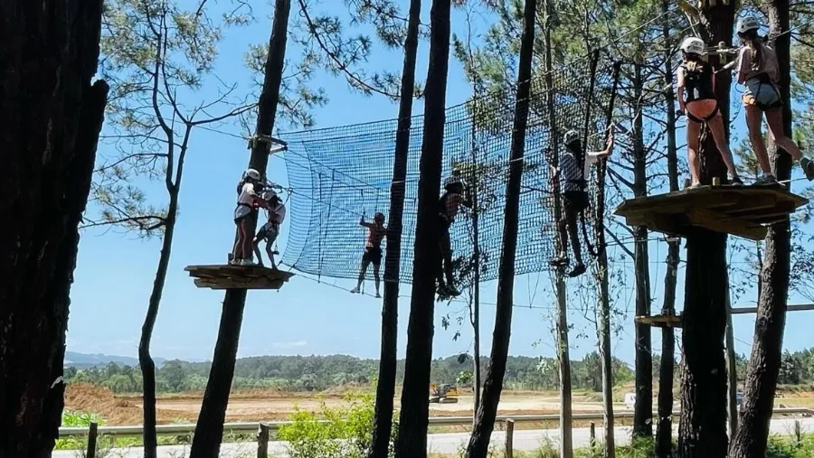 Chicos del campamento the Village Kids en una actividad de cuerdas en el bosque