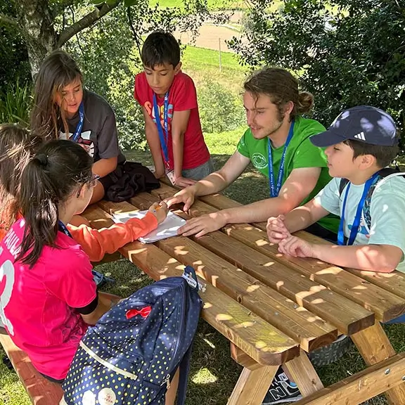 Sesión 1 a 5 donde un coach conversa con los participantes en el campamento de inglés.